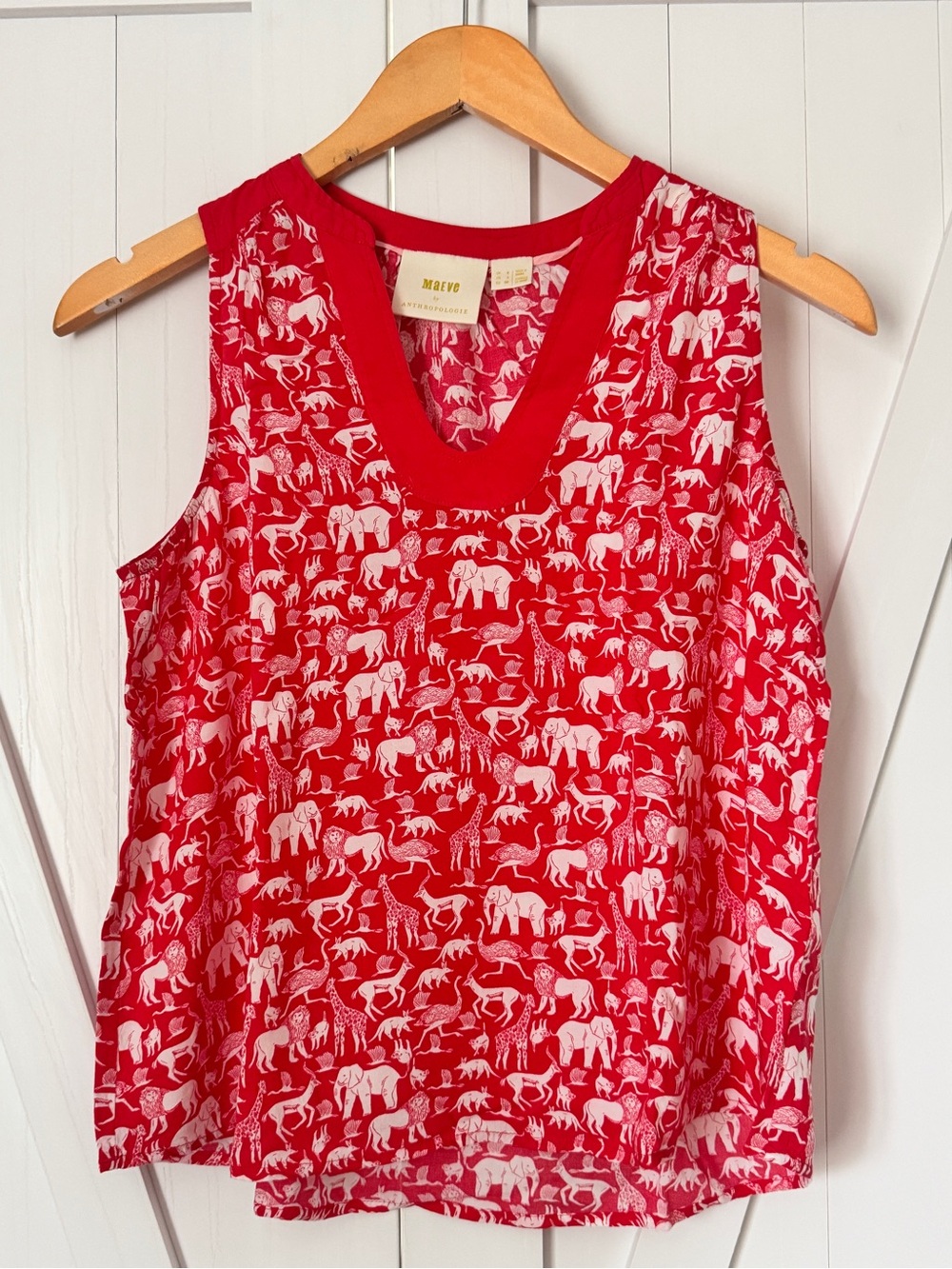 Anthropologie Red Sleeveless V-Neck Tank with White Animal Print